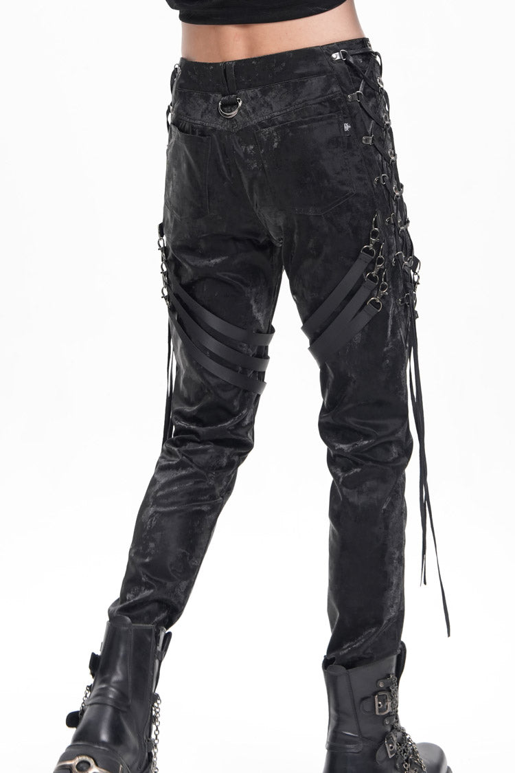 Black Buckle-up Spaghetti Straps Stitching Men's Gothic Pants