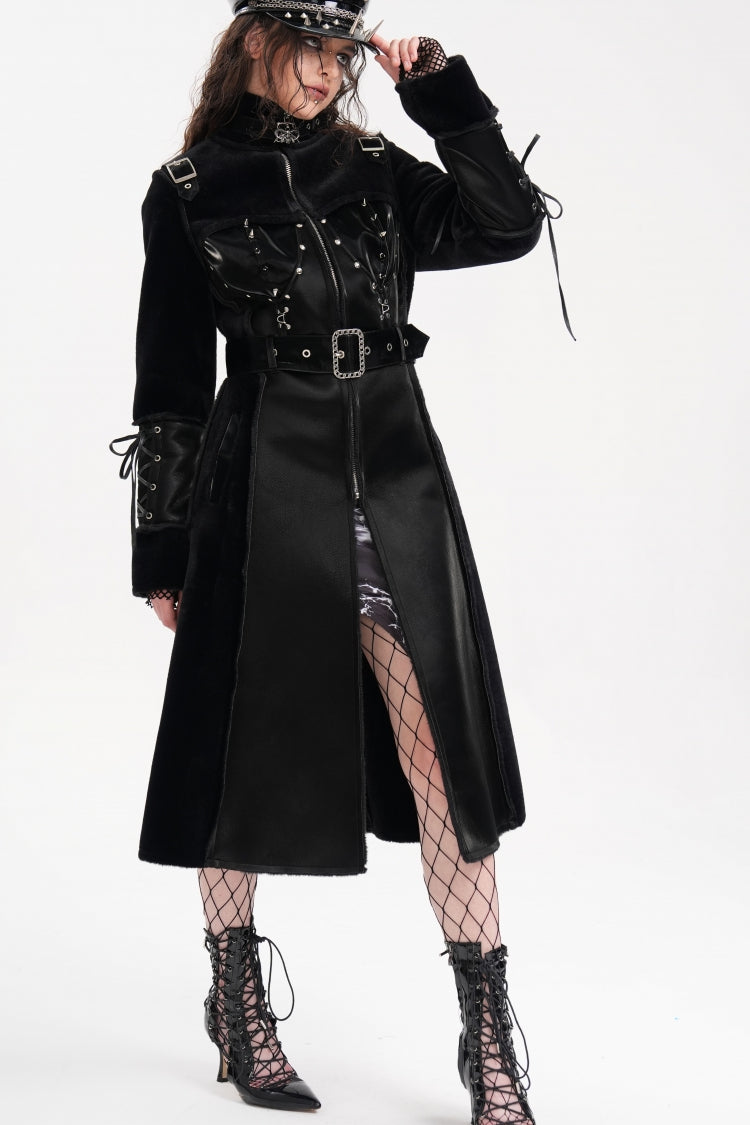 Black Women's Buckle-up Studs Eyelets Gothic Coat