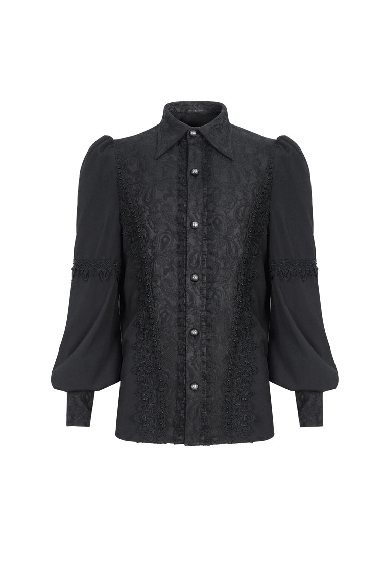 Black Lapel Collar Lantern Sleeves Jacquard Embroidery Men's Gothic Blouse