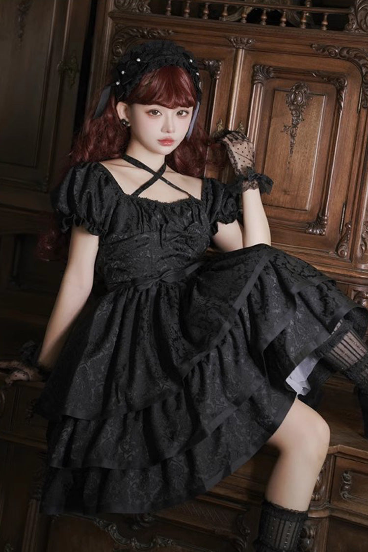 Black Thorn Rose Short Sleeves Multi-layer Ruffle Bowknot Gothic Princess Lolita Dress