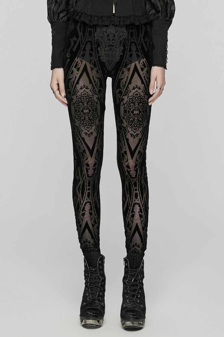 Black Floral Embroidery Mesh Women's Gothic Leggings