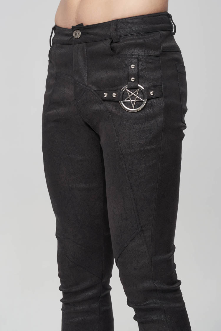 Black Basic Funds Metal Pentagram Crackle Punk Slim Men's Pants