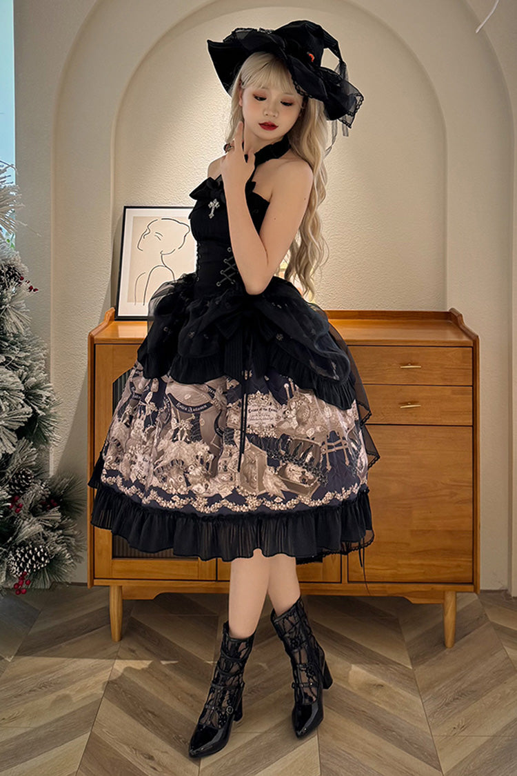 Black [The Mystery of The Doll] Halterneck Print Ruffle Bowknot Drawstring Gothic Lolita Dress