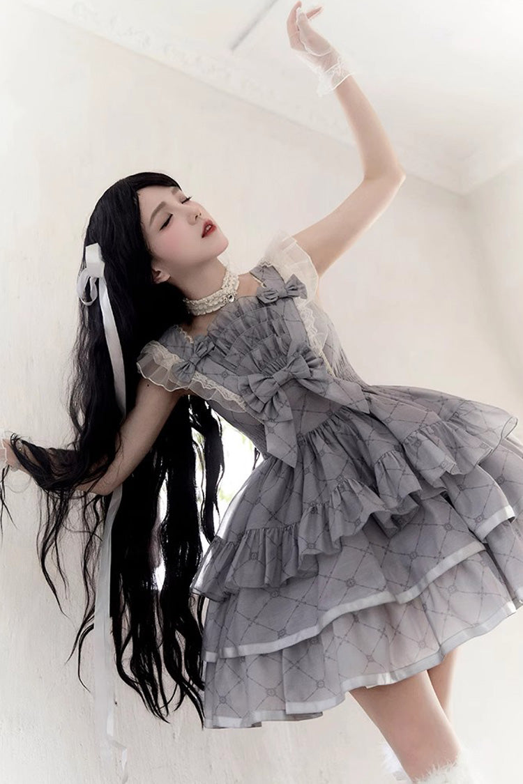 Grey Sleepless Dreams Multi-layer Print Ruffle Bowknot Sweet Elegant Lolita Jsk Dress