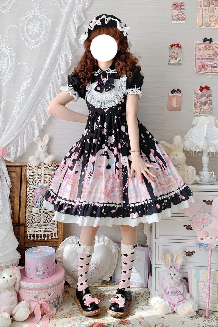 Schwarz/Rosa süßes Lolita JSK Prinzessinnenkleid mit Katzen-Print und hoher Taille, Rüschen und Schleife