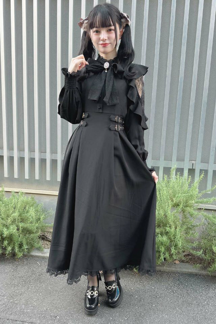 Black Stand Collar Off Shoulder Long Sleeves Hollow Bowknot Slim Jirai Kei Japanese Dress