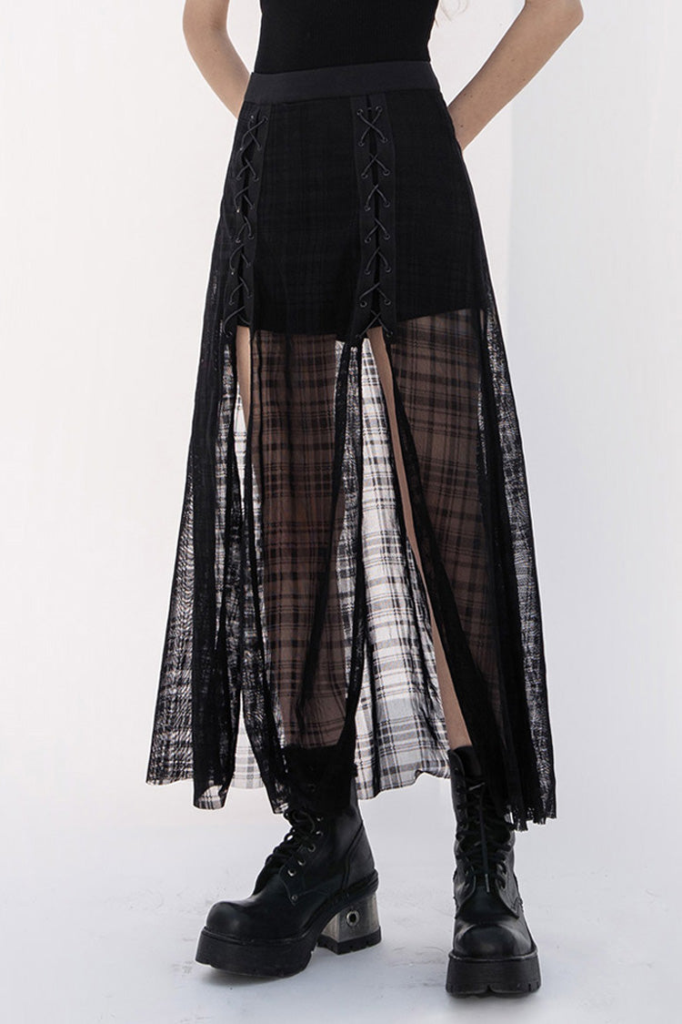 Black Front Metal Eyelets Lace-Up Slit Mesh Hem Women's Punk Skirt