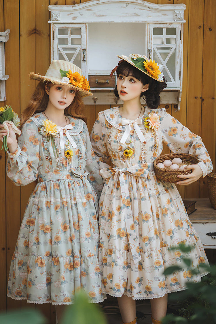 Apricot [Gardening Sunflower] Long Sleeves Print Ruffle Bowknot Sweet Elegant Lolita Dress