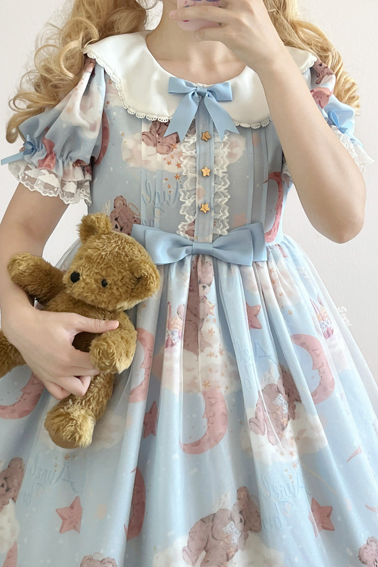 Süßes Lolita-Kleid mit Stern-Wunschbär-Aufdruck, kurzen Ärmeln und Schleife, 2 Farben