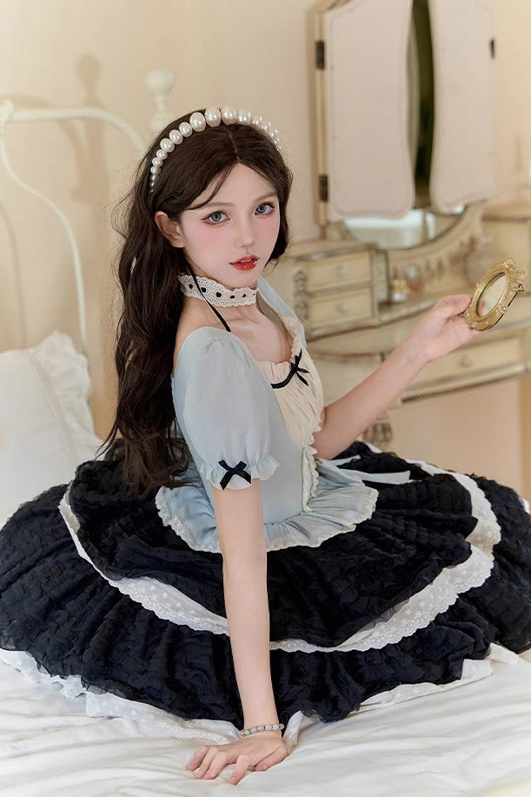 Black/Blue Mint Dark Chocolate Fake Two-piece Square Collar Ruffle Bowknot Sweet Lolita Dress