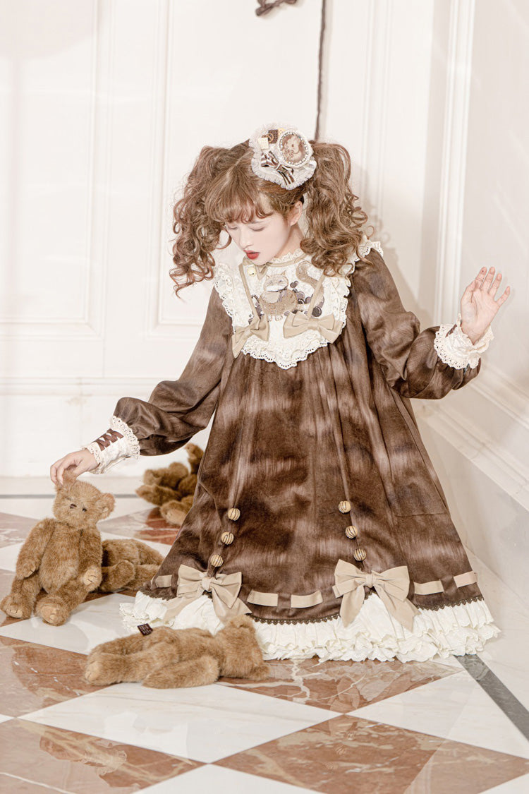 Brown [Chocolate Cat] Print Long Sleeves Ruffle Bowknot Sweet Lolita Dress