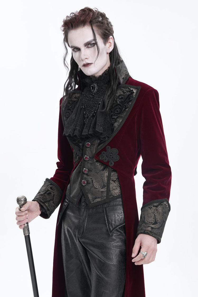 Wine Red Long Sleeves Button Floral Embroidery Men's Gothic Jacket