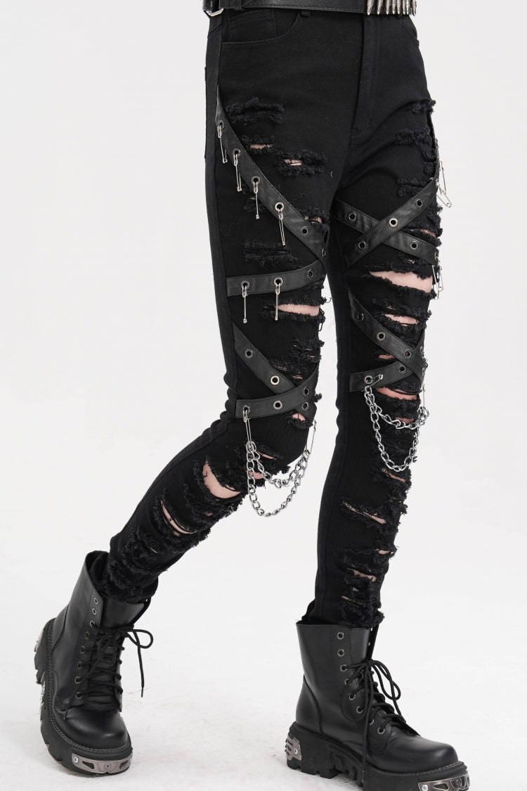 Black Chain Mesh Ripped Women's Punk Pants