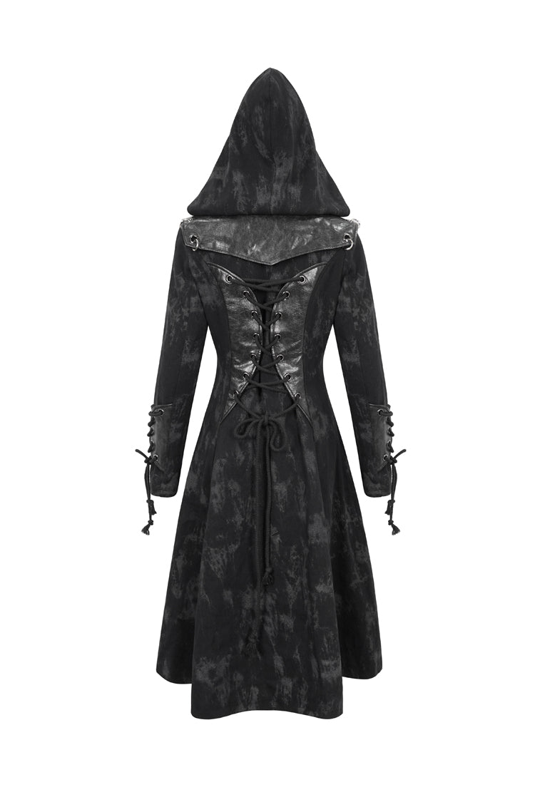 Black Faux Leather Splice With Hood Irregular Pattern Print Long Women's Punk Coat