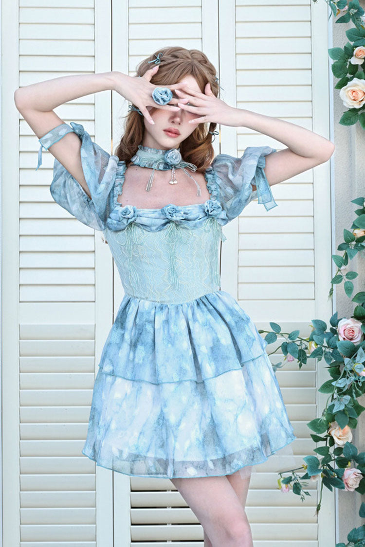 Blue Square Collar Short Puff Sleeves Multi-Layered Print Ruffle Bowknot Tie-dyed Sweet Princess Lolita Dress