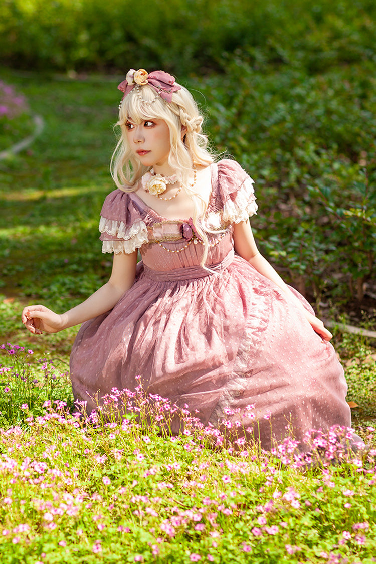 Pink [Moon goddess *Mediana*] Polka Dot Print Ruffle Bowknot Asymmetric Sweet Elegant Lolita Dress