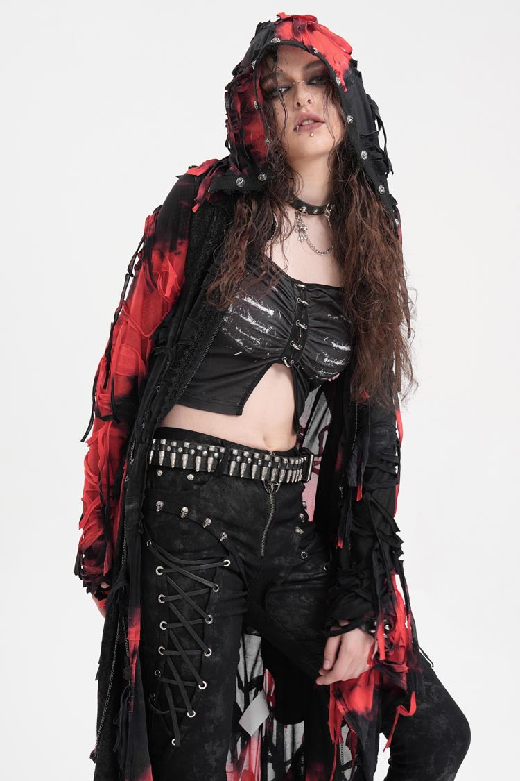 Black/Red Long Sleeves Lace Ripped Zipper Women's Punk Coat