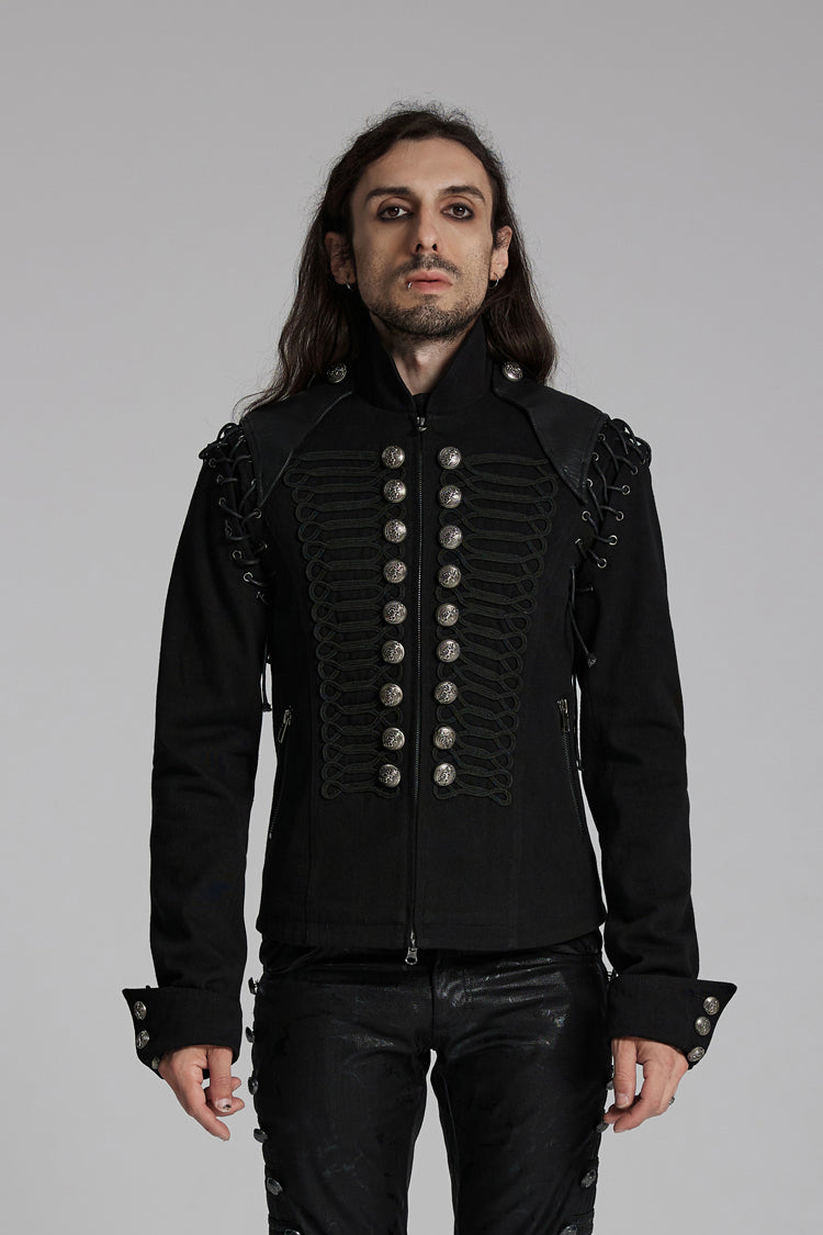 Black/Silver Stand Collar Long Sleeves Lace-Up Buttons Men's Punk Jacket