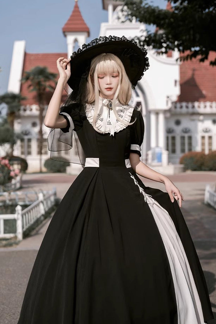 ブラック/ホワイトの半袖カラーブロック、取り外し可能な刺繍入りフェイクカラーのゴシックロリータドレス