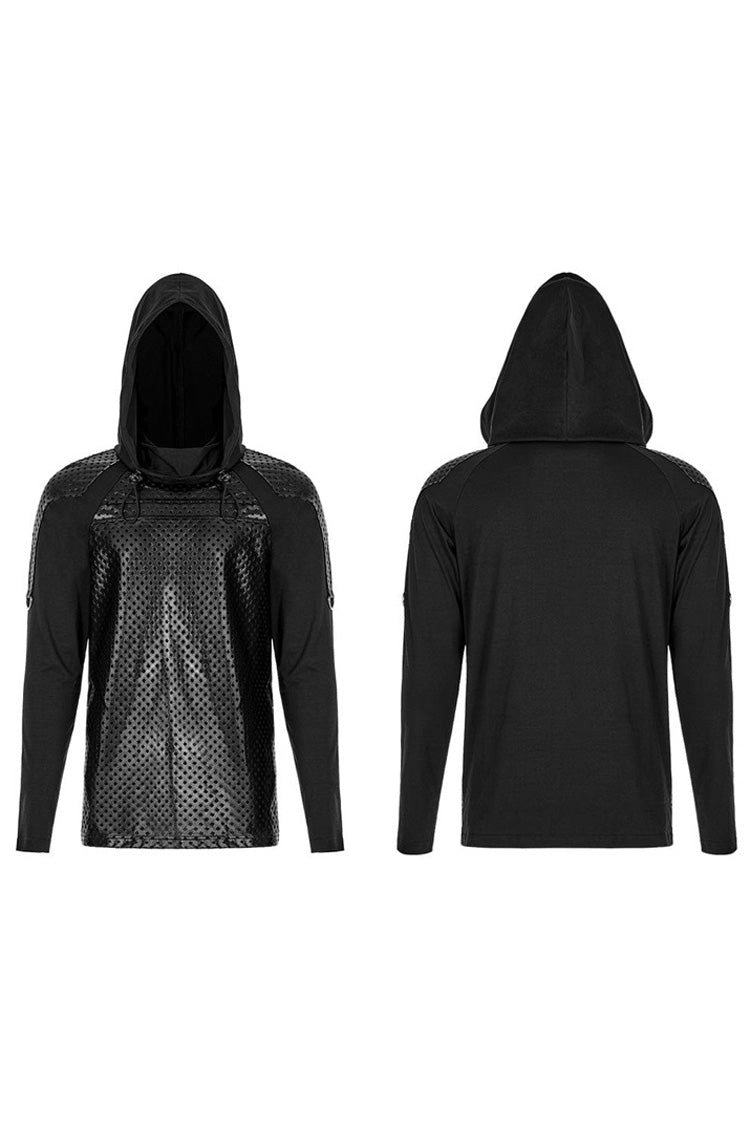 Black Punk Turtleneck Stretch Knit Panel Cutout Drawstring Hooded Men's T-Shirt