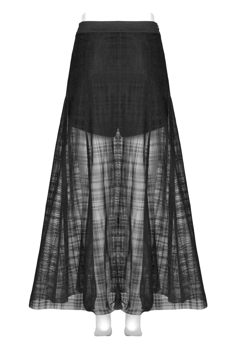 Black Front Metal Eyelets Lace-Up Slit Mesh Hem Women's Punk Skirt