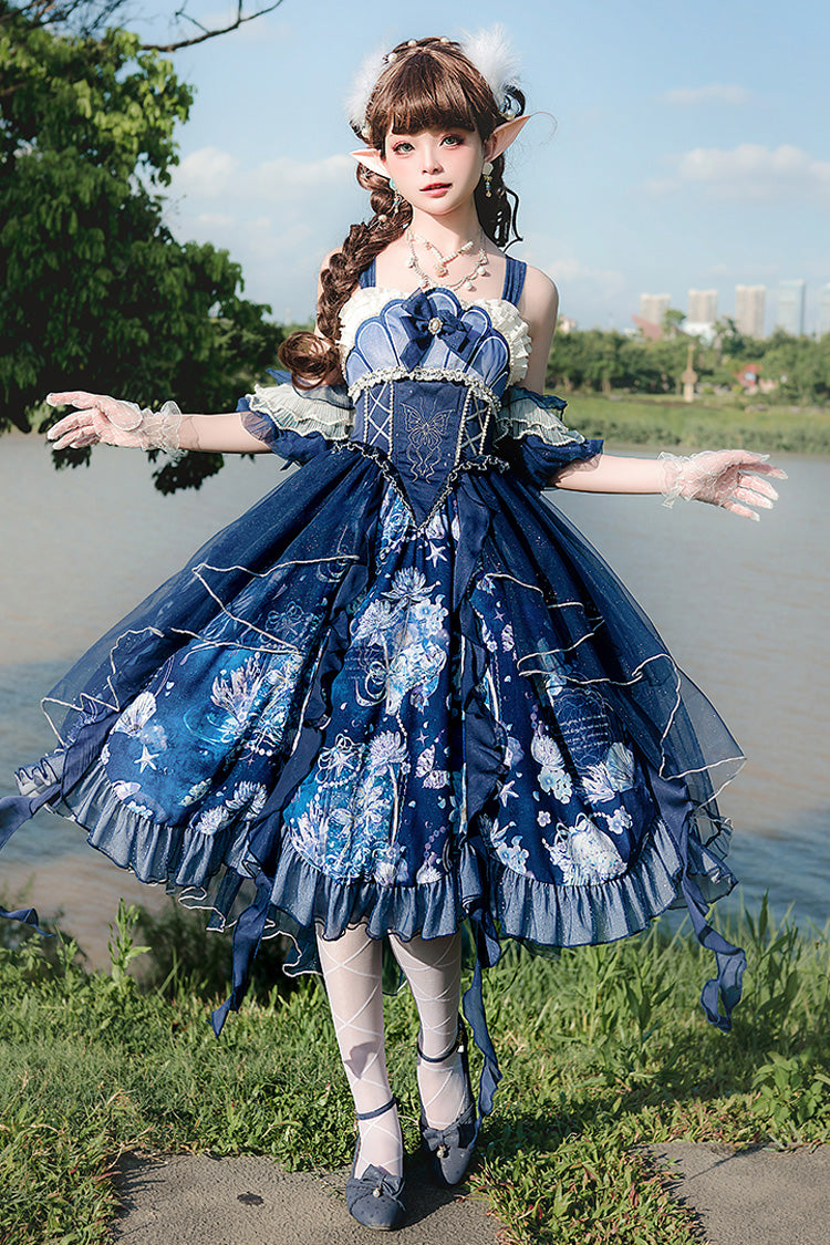 Blue [Deep Sea Jellyfish] Print Ruffle Lace Sweet Elegant Lolita Jsk Dress