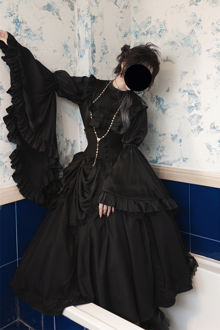 Black [Sleepwalking] Long Hime Sleeves Stitching Lace Plus Size Gothic Elegant Lolita Skirt Set