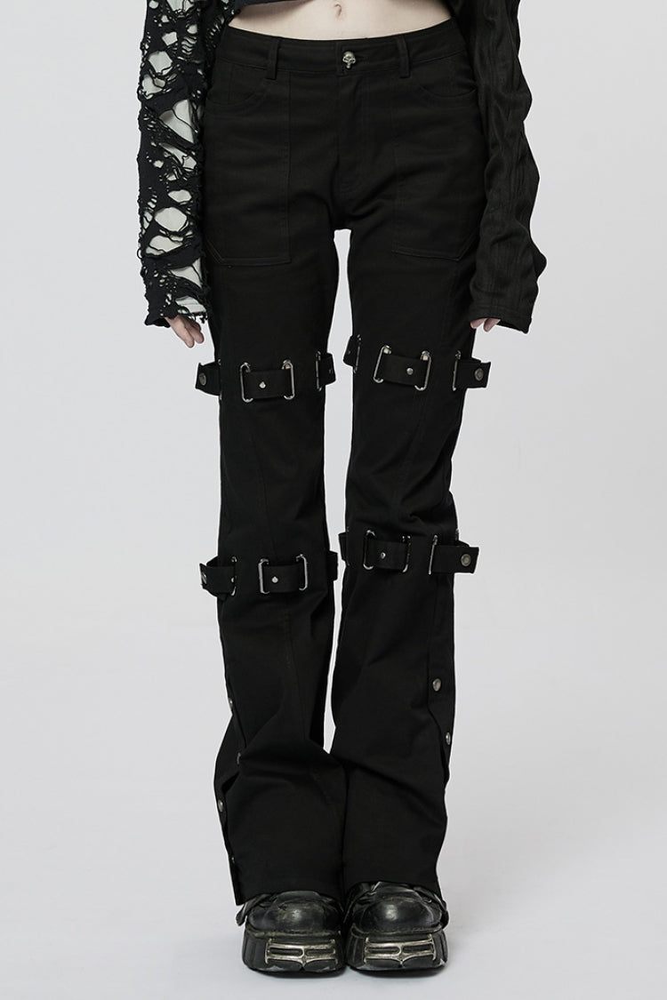 Black Metal Buckles Straps Women's Steampunk Flared Pants