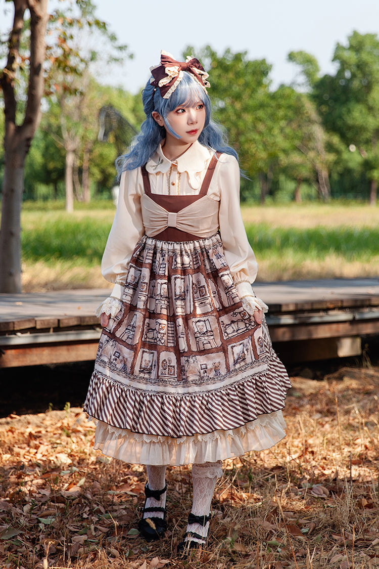 Brown [Underground Bear] Print Ruffle Bowknot Sweet Lolita Dress