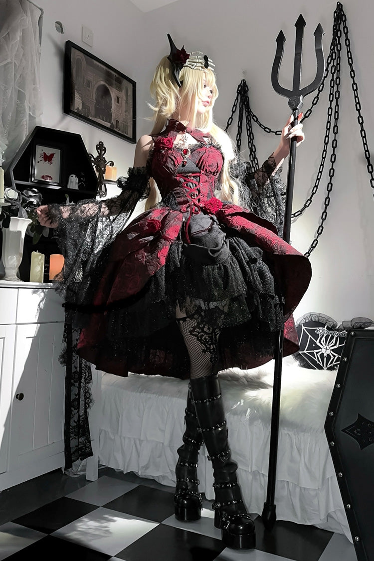 Red [Rose Dish] Ruffle Embroidery Cardigan Bowknot Lace-Up Gothic Lolita Jsk Dress