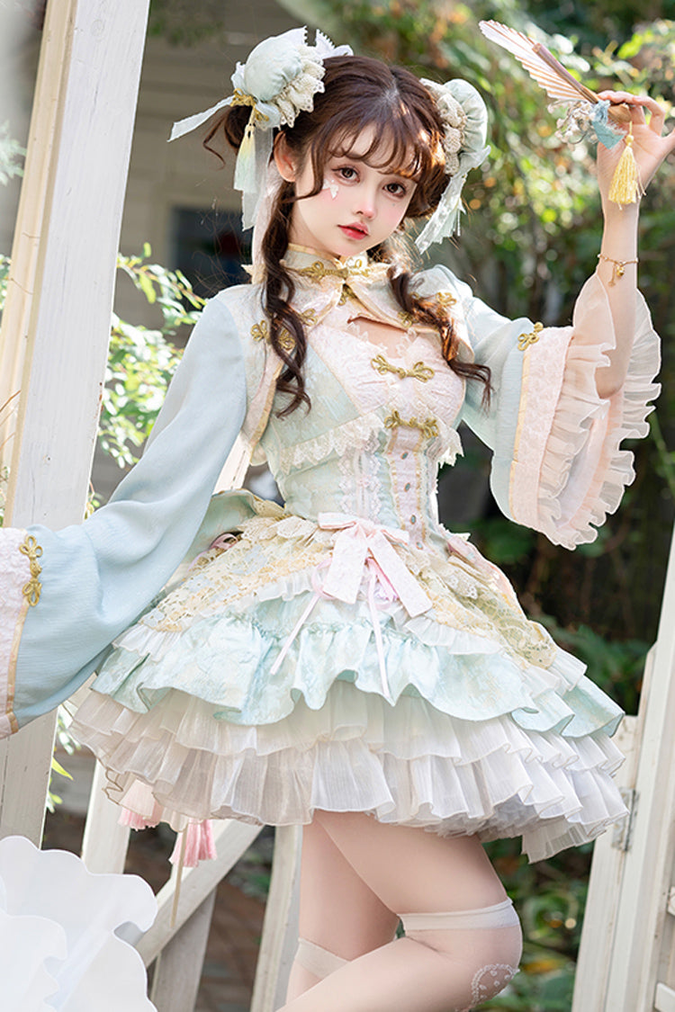 Green White Pear Dream Multi-layer Ruffle Lace Sweet Chinese Style Princess Lolita Jsk Dress