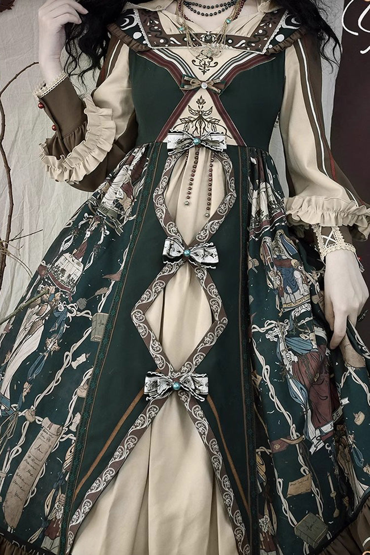 Dark Green [Tarot] Print Long Puff Sleeves Ruffle Bowknot Ripped Sweet Elegant Lolita Dress