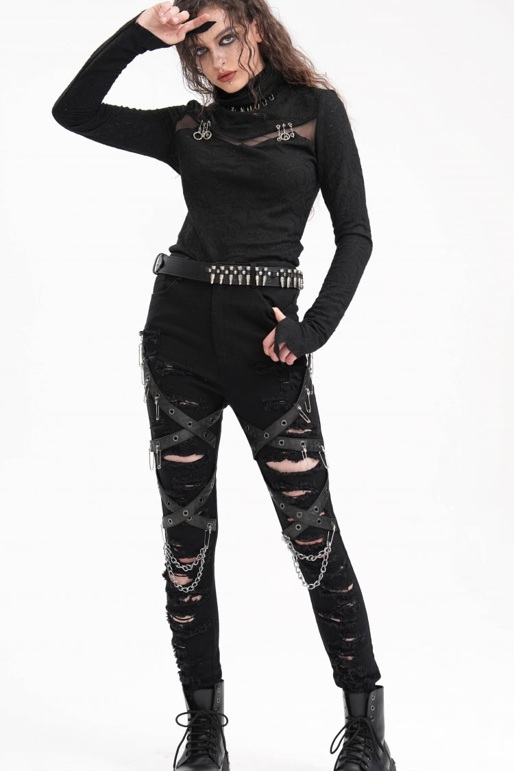 Black Chain Mesh Ripped Women's Punk Pants