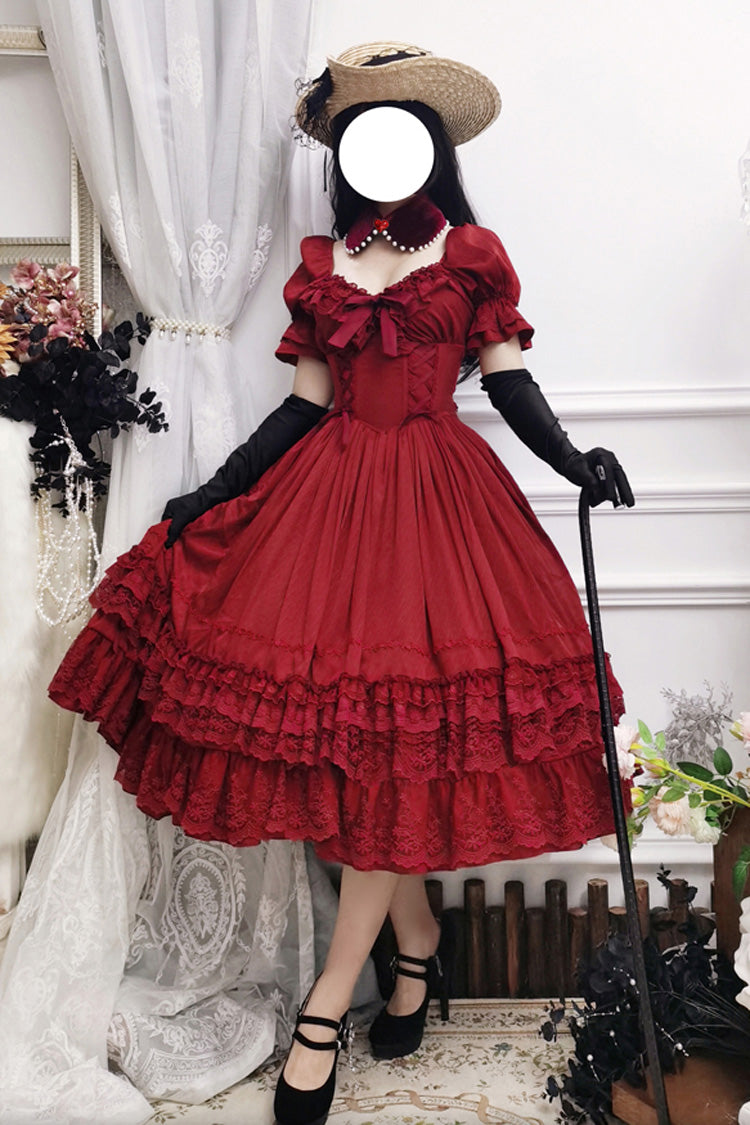 Rotes, kurzes Lolita-Kleid mit Puffärmeln, mehrlagiger Rüschenschleife und klassischem Vintage-Stil