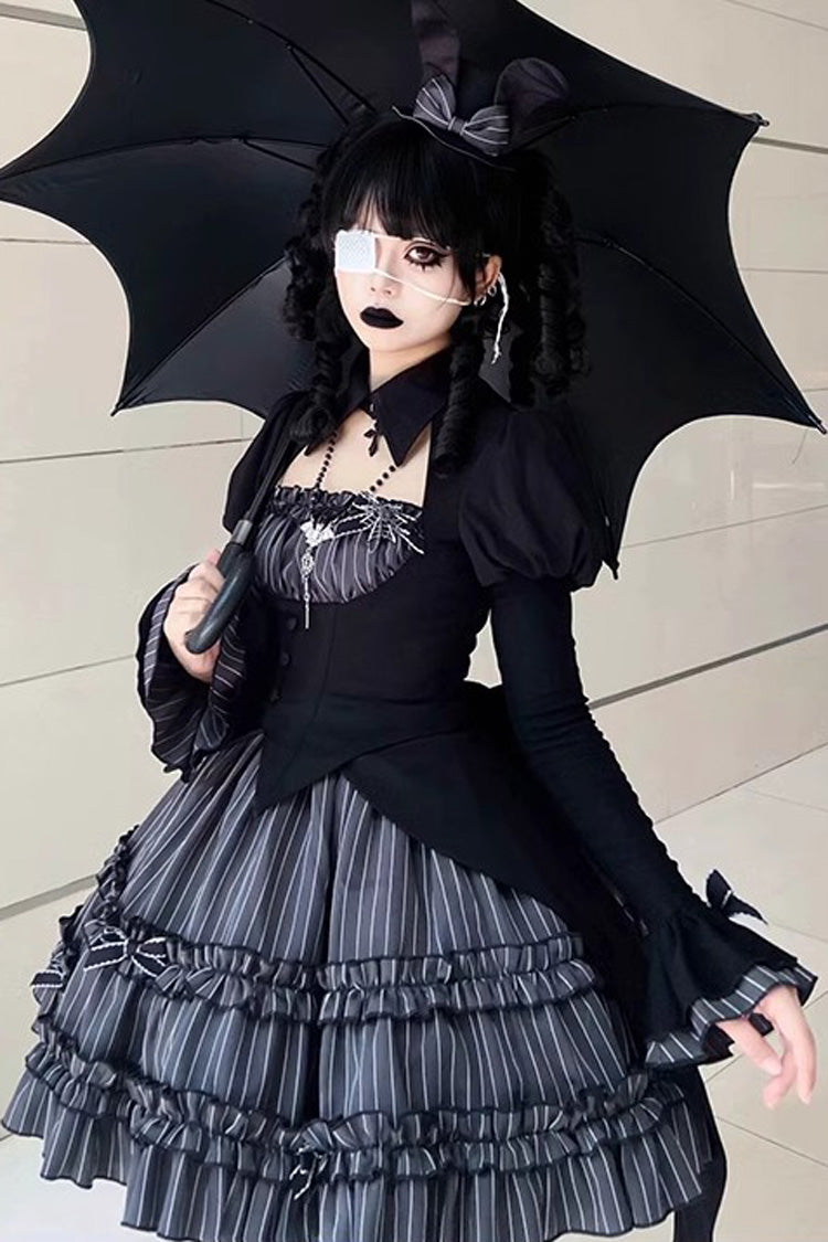 Black [Duke of the Trap Rabbit] Long Sleeves Stripe Print Ruffle Bowknot Lace Gothic Lolita Dress