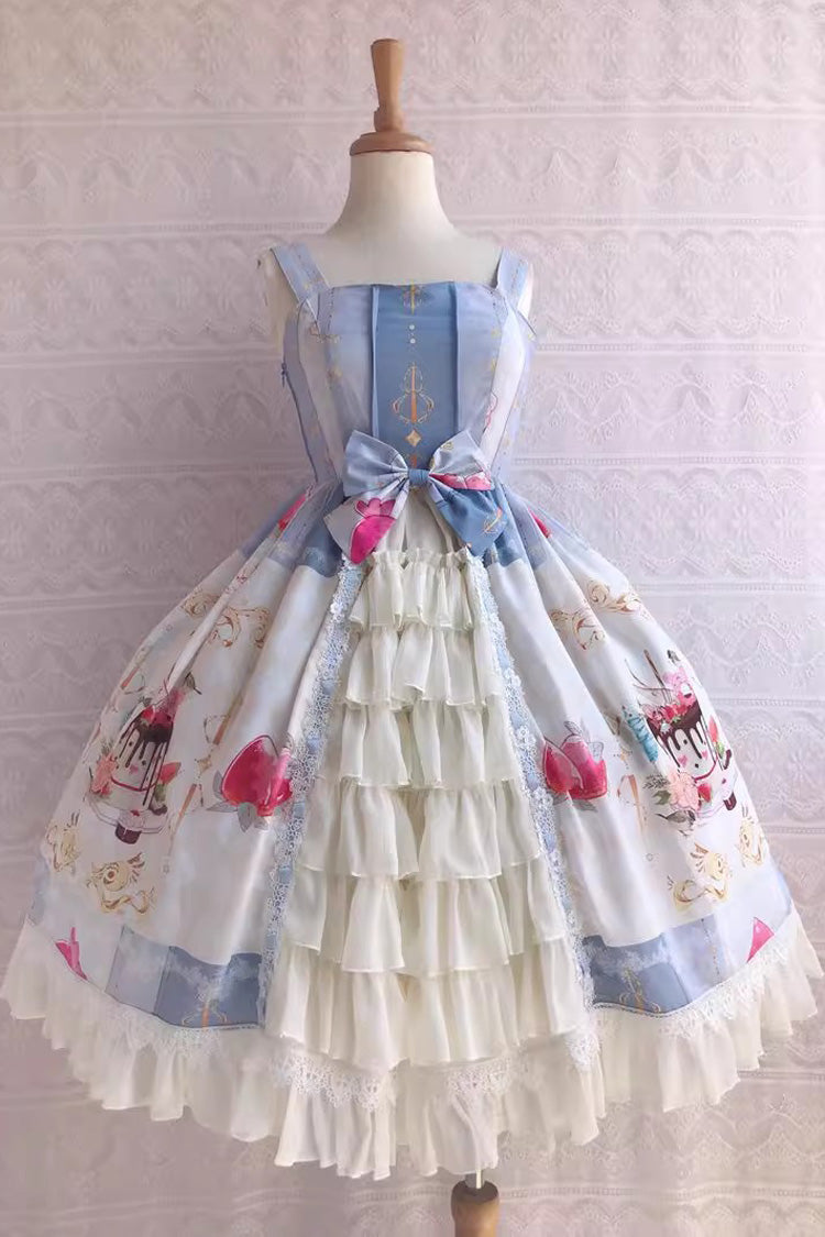 Cool Summer Dessert Print Ruffle Cardigan Bowknot Sweet Lolita Jsk Dress 3 Colors