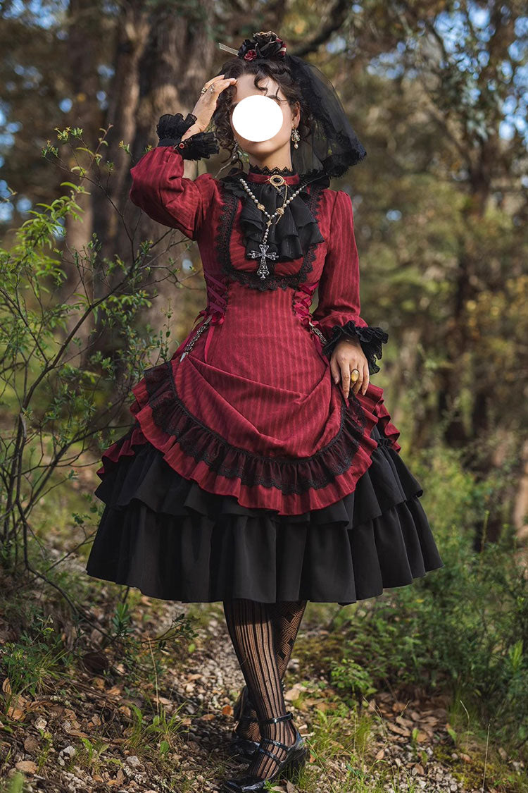 Point Manor Solid Color Stand Collar Long Sleeves Multi-layer Ruffle Gothic Lolita Dress 5 Colors