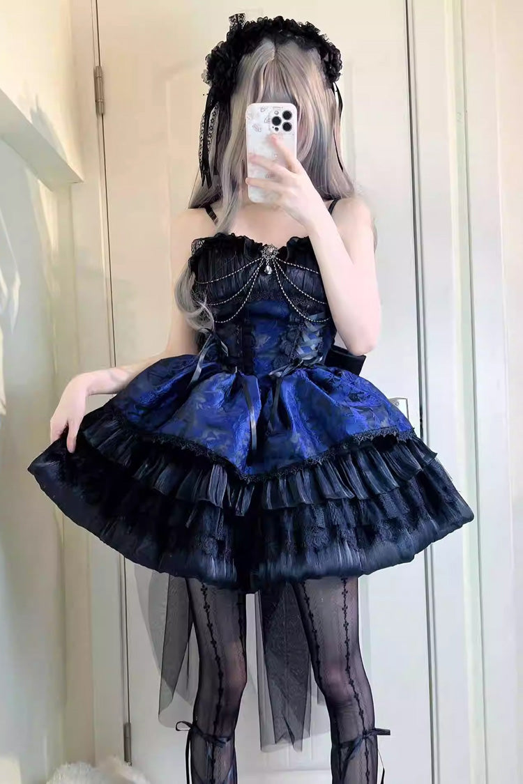 Black/Blue Ancient Dream of the Dark Night Print Ruffle Gothic Lolita Jsk Dress