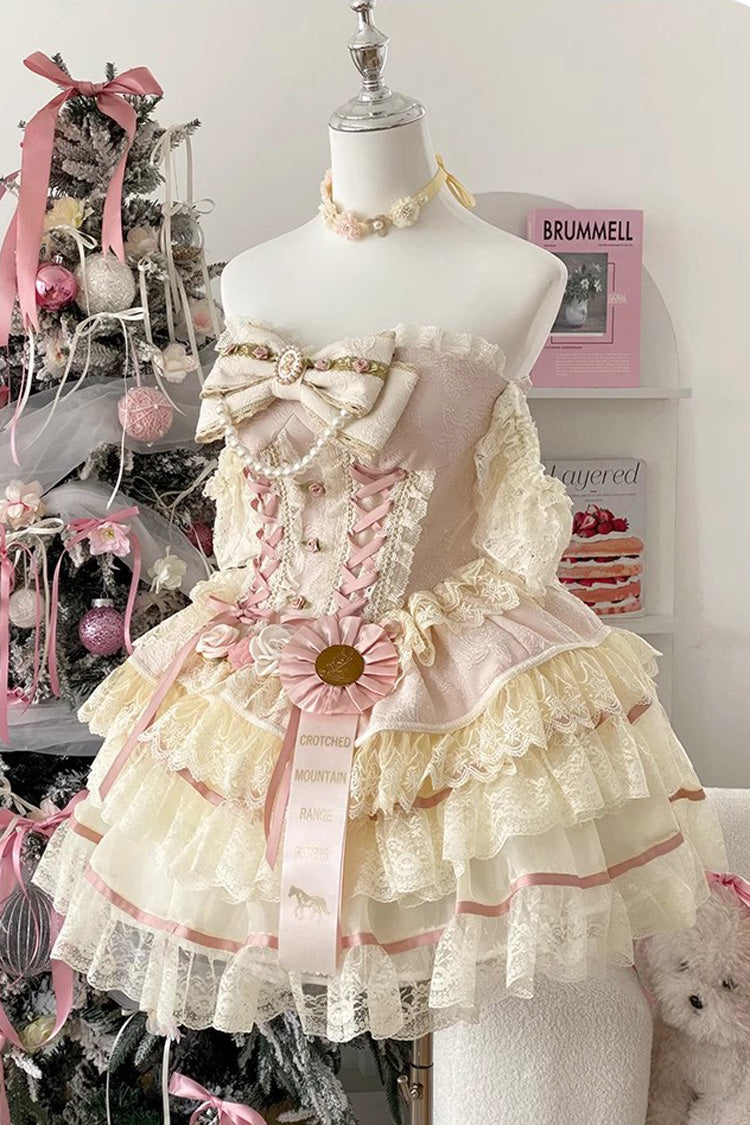 Gelb/Rosa Süßes Lolita-Kleid mit Rüschen und Schleife aus Spitze