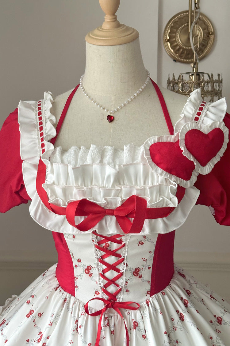 Red Double-Layered Floral Print Ruffle Bowknot Sweet Lolita Dress