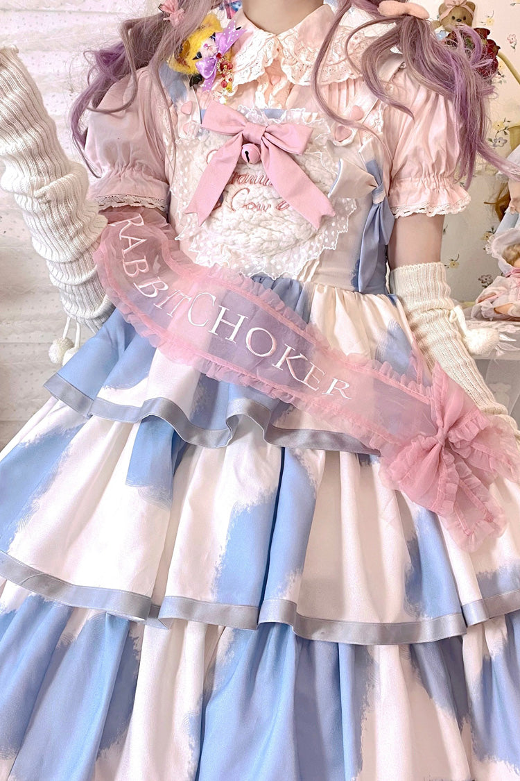 Blue Sleeveless Triple-Layered Cow Print Ruffle Bowknot Sweet Lolita Jsk Dress