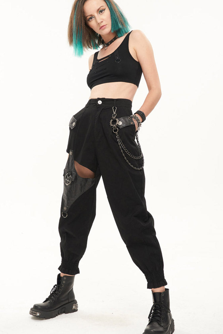 Black Punk Cutout Leather Splicing Detachable Metal Chain Women's Long Pants