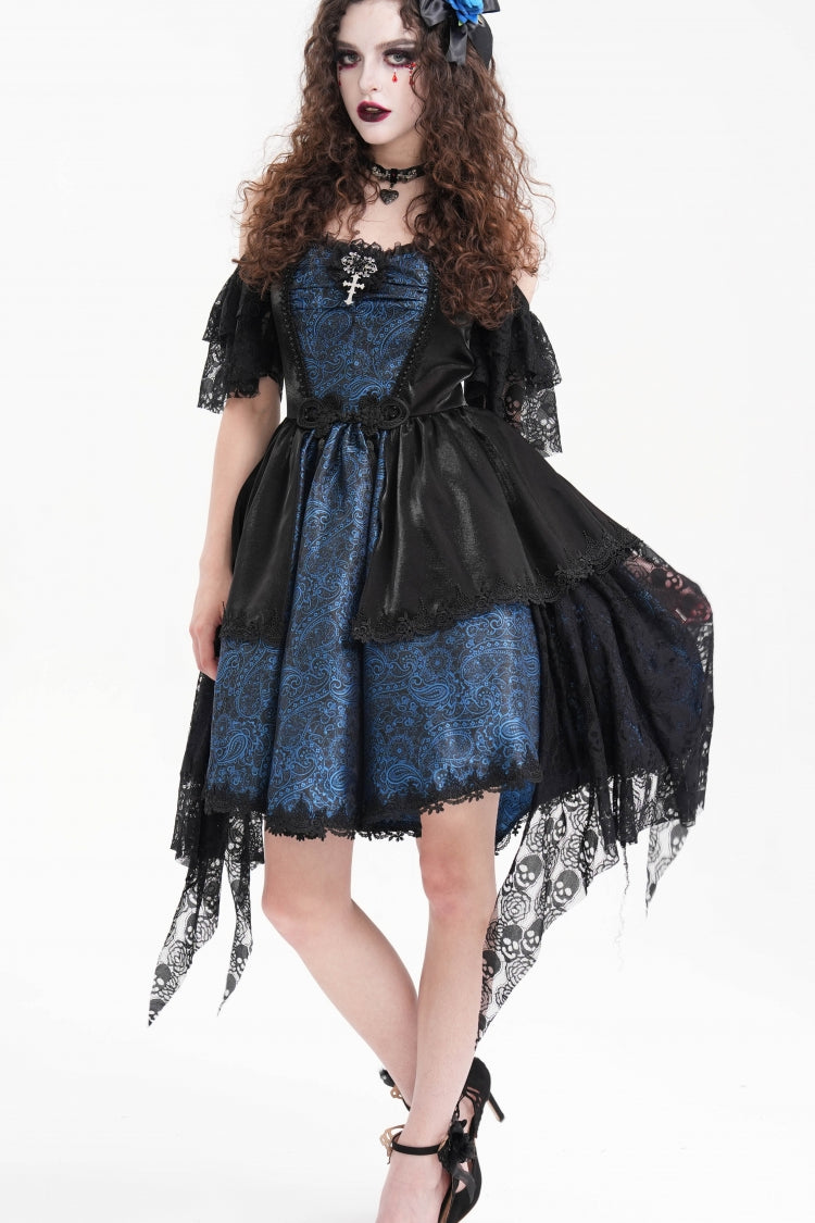 Blue Halterneck Lace Lace-Up Irregular Hem Women's Gothic Dress