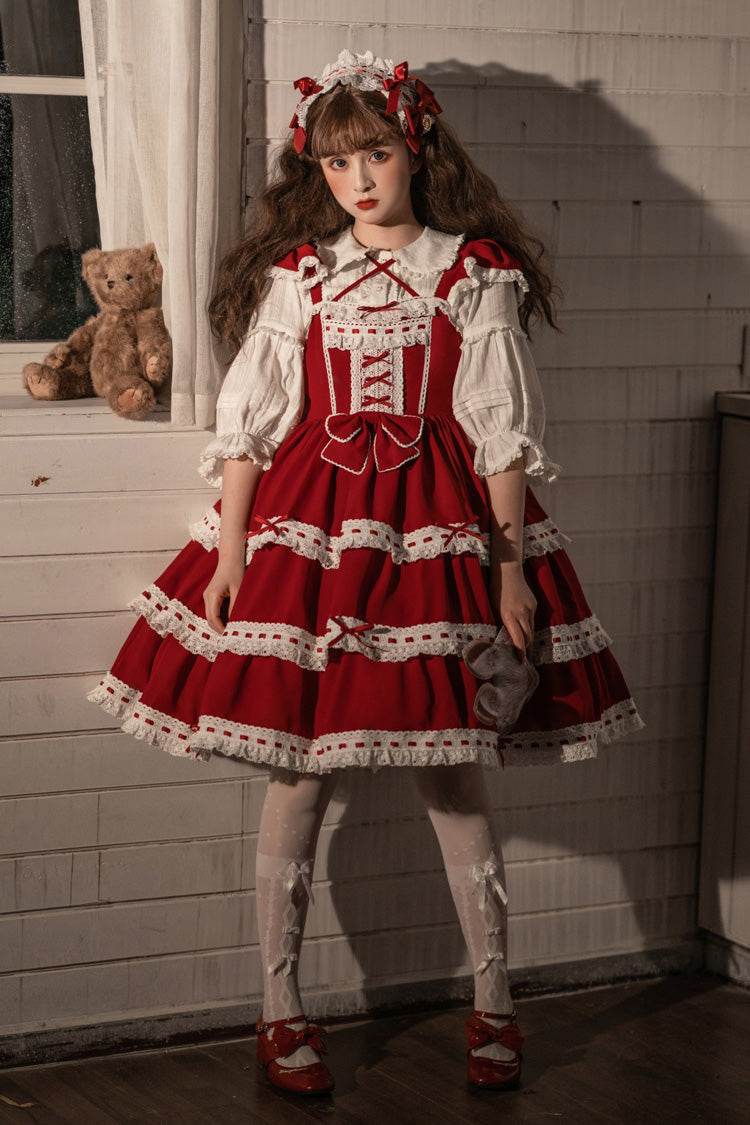 Rotes dreilagiges süßes Lolita JSK-Kleid mit Schleife für antike Puppen