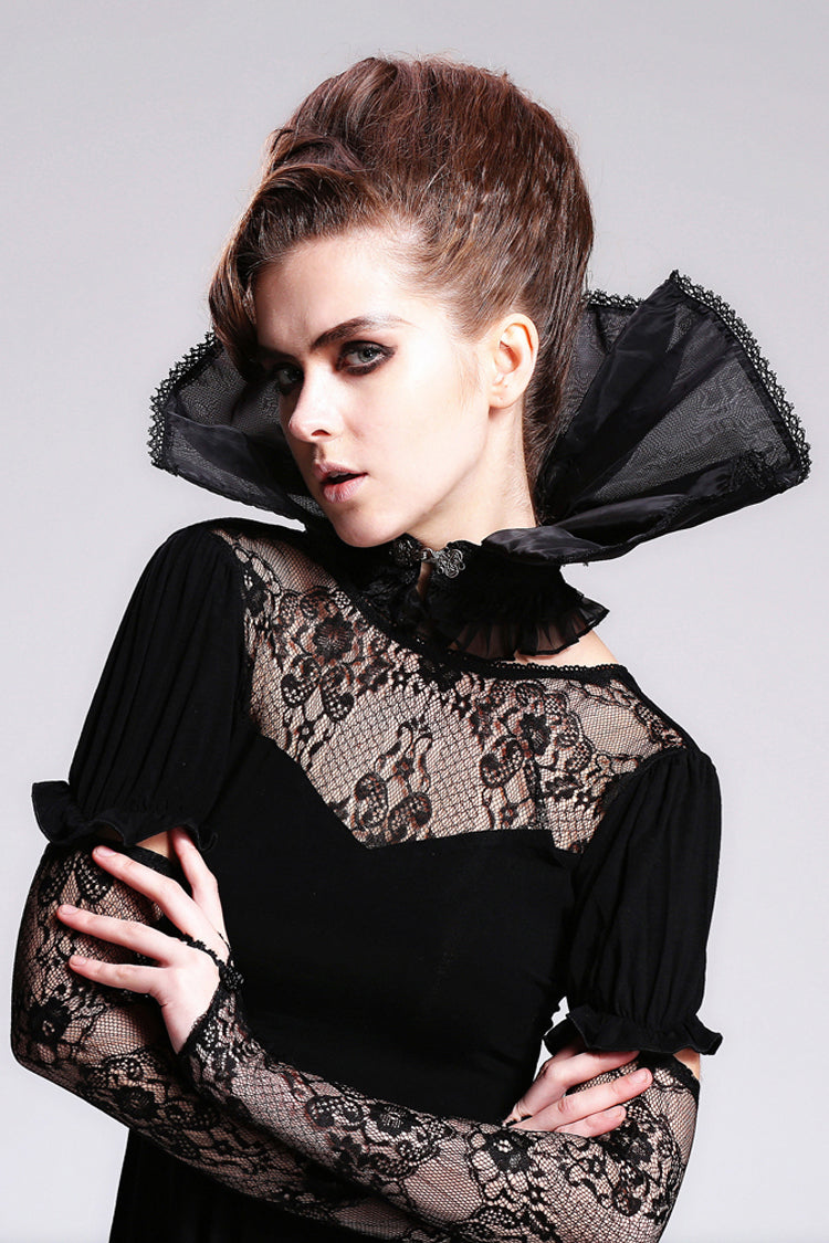 Black Organza Lace Velveteen Women's Gothic Stand Up Collar