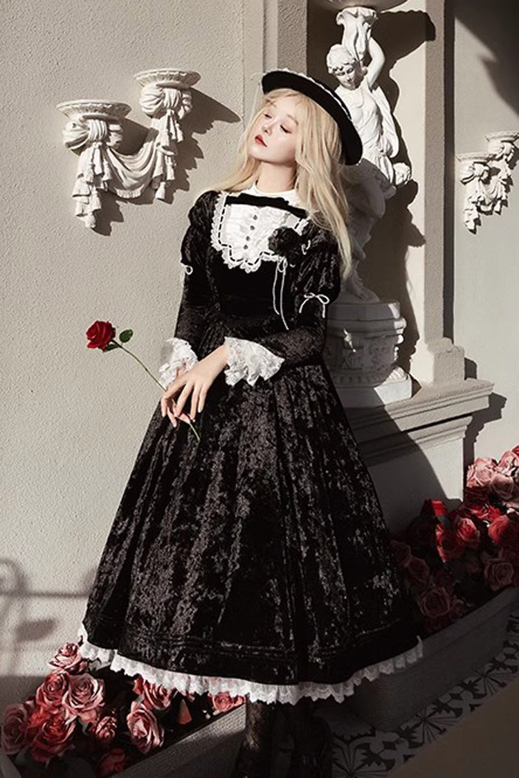 Schwarzes [Whispering Castle] Langärmliges Gothic Lolita Kleid mit Rüschen, Schleife und Spitze