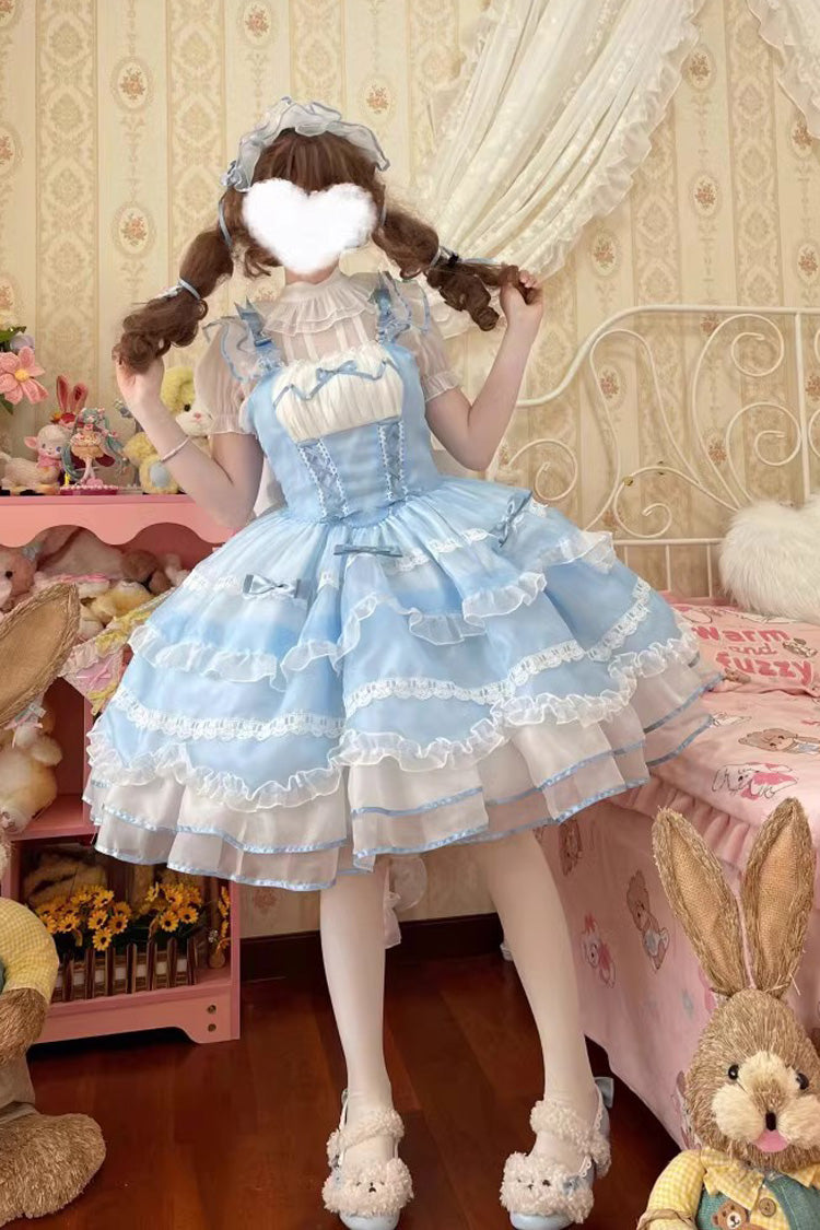 Blue Multi-layer Ruffle Bowknot Lace-Up Ballet Style Sweet Princess Lolita Tiered Dress