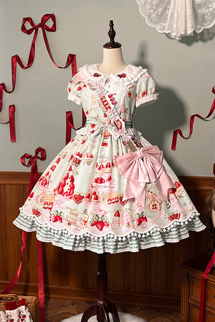 Mint Strawberry Dessert Puppenkragen Kurze Ärmel Druck Rüschen Bowknot Süßes Lolita Kleid 4 Farben