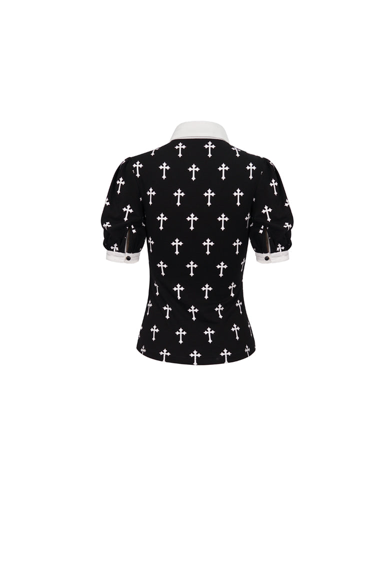 Black/White Cross Printed Chest Paneled Chiffon With Lace Collar Applique? Lace Strap Pendant Women's Punk Shirt