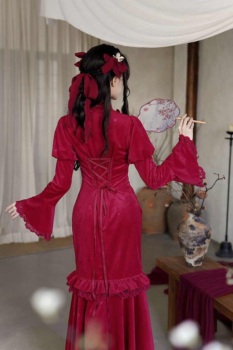 Rotes, langärmliges, gerüschtes, besticktes Schleifenkleid mit Spitze im klassischen chinesischen Stil, elegantes Lolita-Kleid